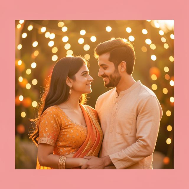 Couple in warm golden light surrounded by fairy lights